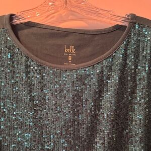 Belle by Kim Gravel Short Sleeve Sequin Blouse Green.